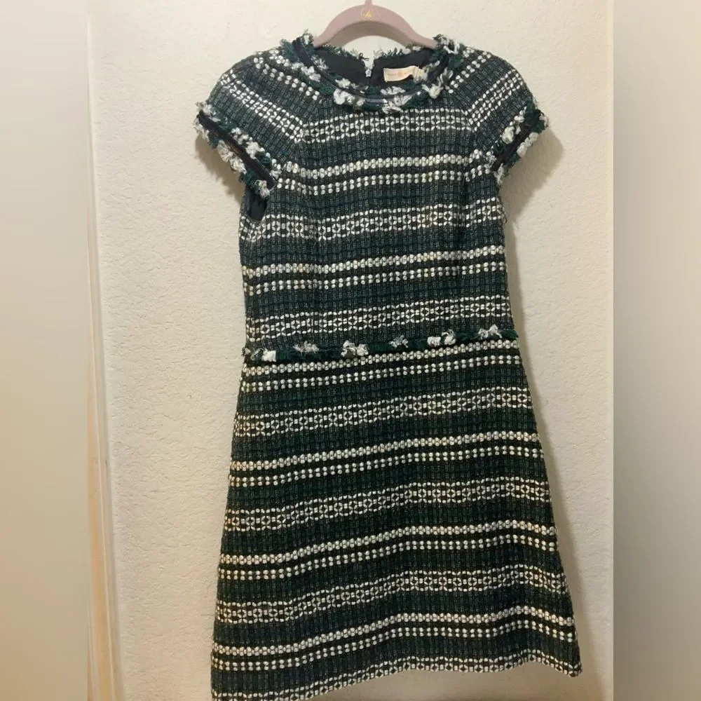 TORY BURCH Norfolk Green Black/Green Tweed Cap Sleeves A-line Sequin Dress $395